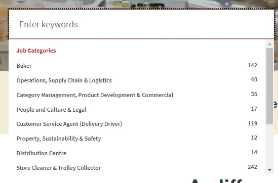 Coles Job Search Section with Keywords