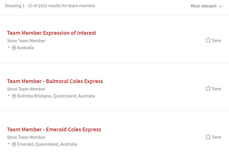 Example Coles Job Search Result